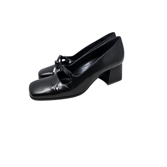Vintage Y2K Black Leather 37 Square Toe Bow Mary Jane Chunky Goth Grunge main image 1